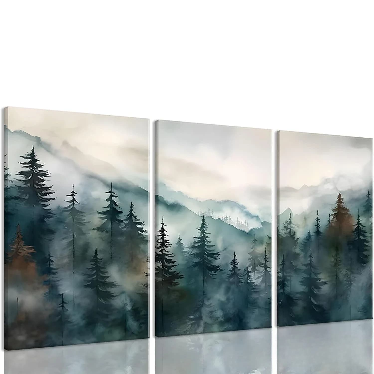 3PCS Framed Misty Forest Mountain Canvas Wall Art, Watercolor Landscape Prints for Living Room