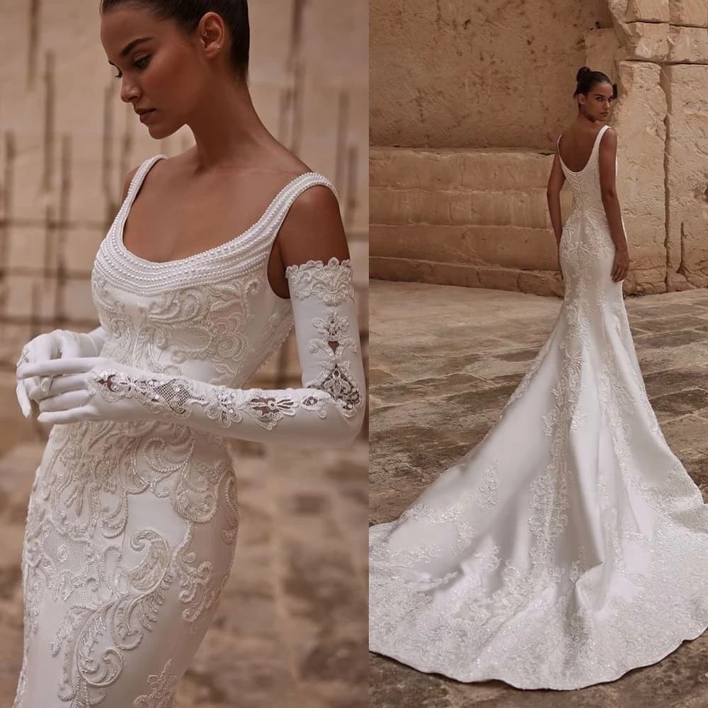 Elegant Mermaid Wedding Dresses For Women Scoop Neck Sleeveless Gown Pearls Appliques Backless Sweep Train Customized Dress