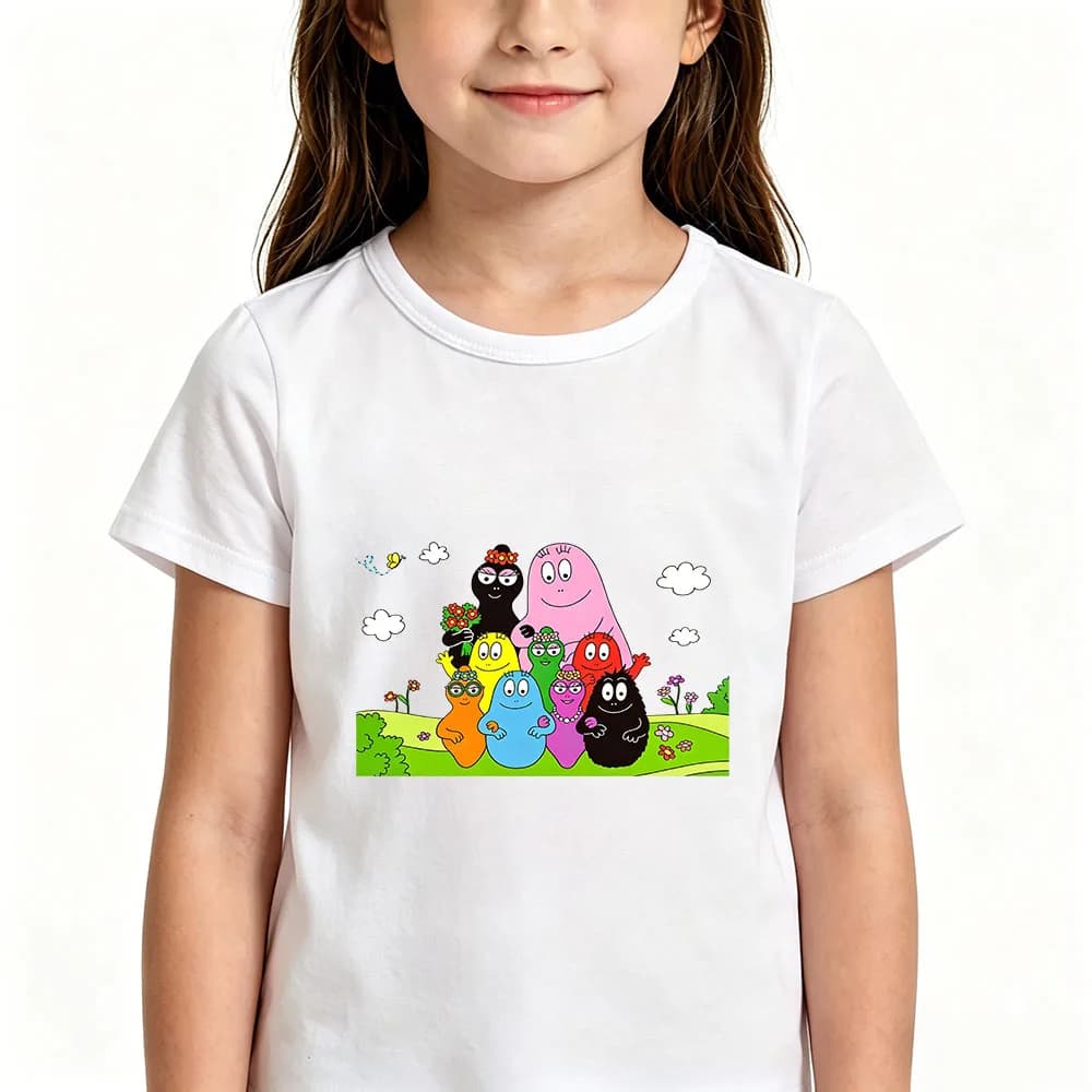 T-shirt per bambini con stampa cartoon Barbapapa, 100% cotone, 2-12 anni, per ragazzi e ragazze, Kawaii, manica corta, casual, per bambini, estate, per bambini piccoli