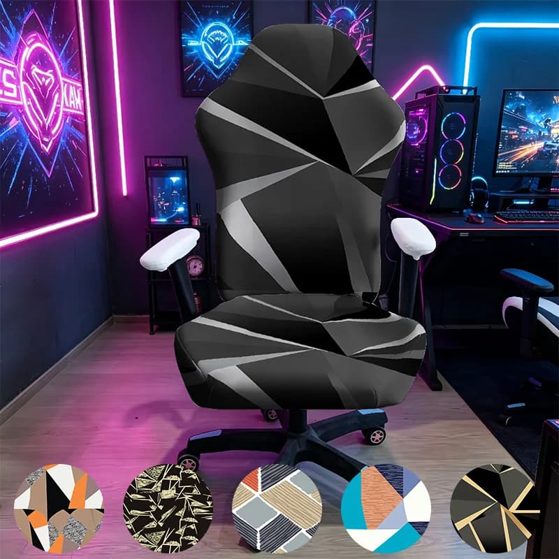 Black Grey Geometric Gaming Chair Cover, Stretch Elastic Anti-Scratch Slipcover for Gamer & Office Chair