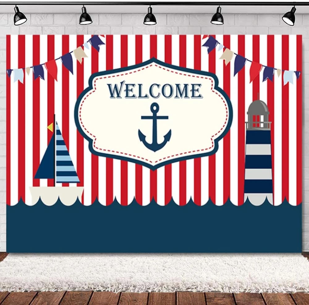 Sfondo Fotografico a Strisce Rosse e Bianche, Poster Nautico con Ancora e Barca, Banner per Festa di Compleanno o Baby Shower per Bambini