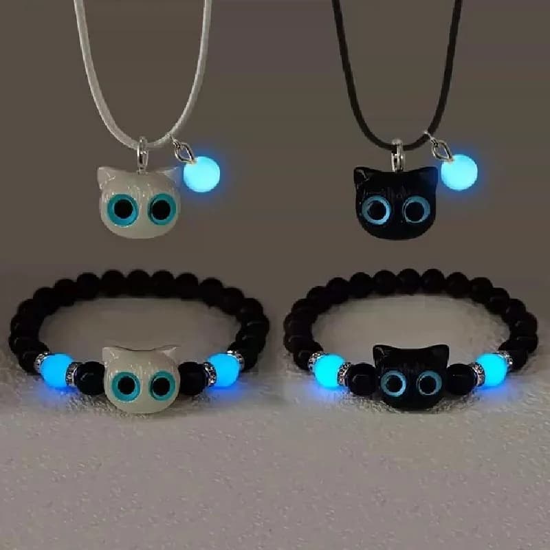 Luminous Matching Couples Bracelets Necklace for Women Men Cat Black White Cat Head Bangles Glow In The Dark Friendship Gift