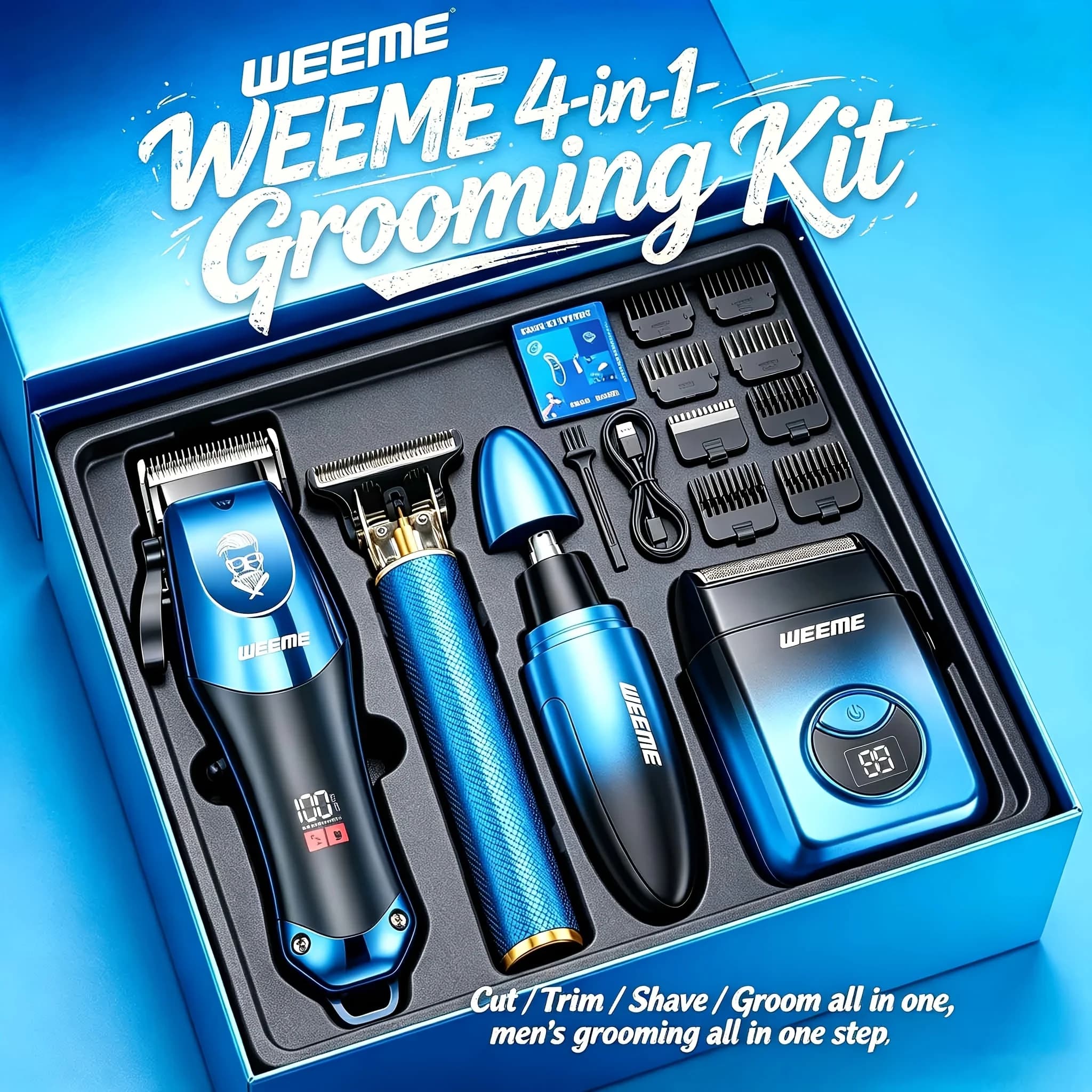 4-Piece Men's Professional Blue Hair Clipper Set, Cordless Trimmer with LED Display, Includes Razor Head and Nose Trimmer, Perfe