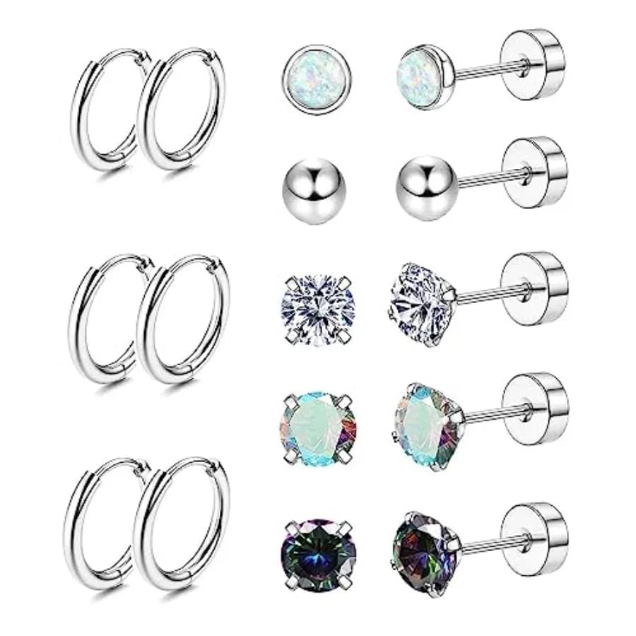 Surgical Steel Earrings for Sensitive Ears Hypoallergenic 20G Stainless Steel Stud Hoop Earrings for Women Men Small Opal Ball