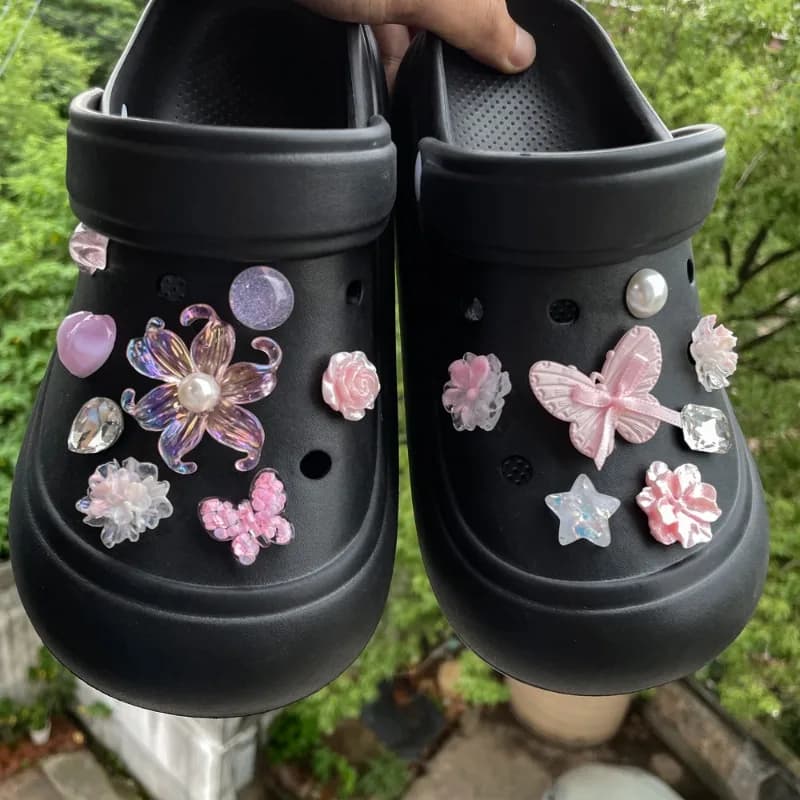 Iridescent Butterfly Iris Flowers Resin Charms DIY Clogs Shoe Charms Accessories Craft Sandals Decorations for Dreamy Women