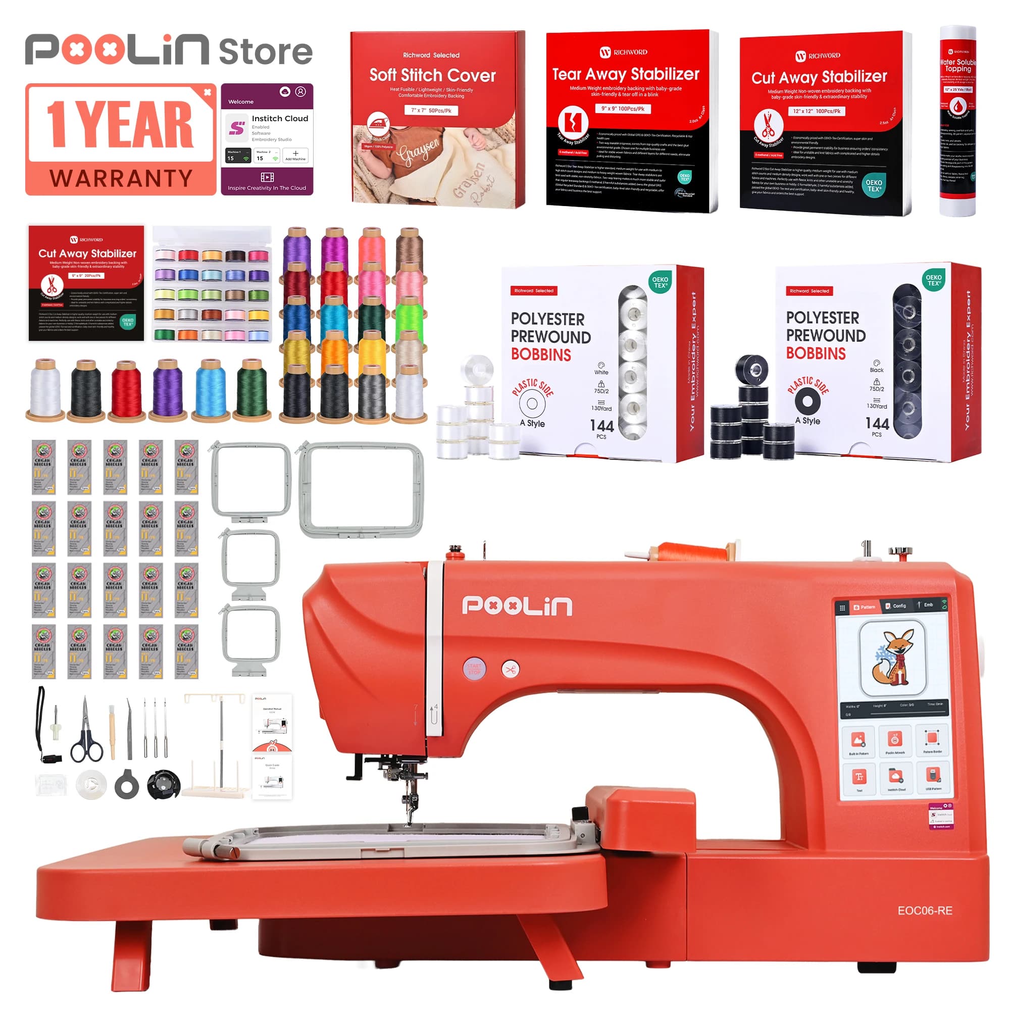 PooLin EOC06RE Computerized Automatic Embroidery Machine, Residential Small Business Metal Frame Model, Beginner-Friendly Hoop Machine with Touchscreen Design Previews, Ready-to-Use for Custom Apparel Crafts (Sewing Supplies)