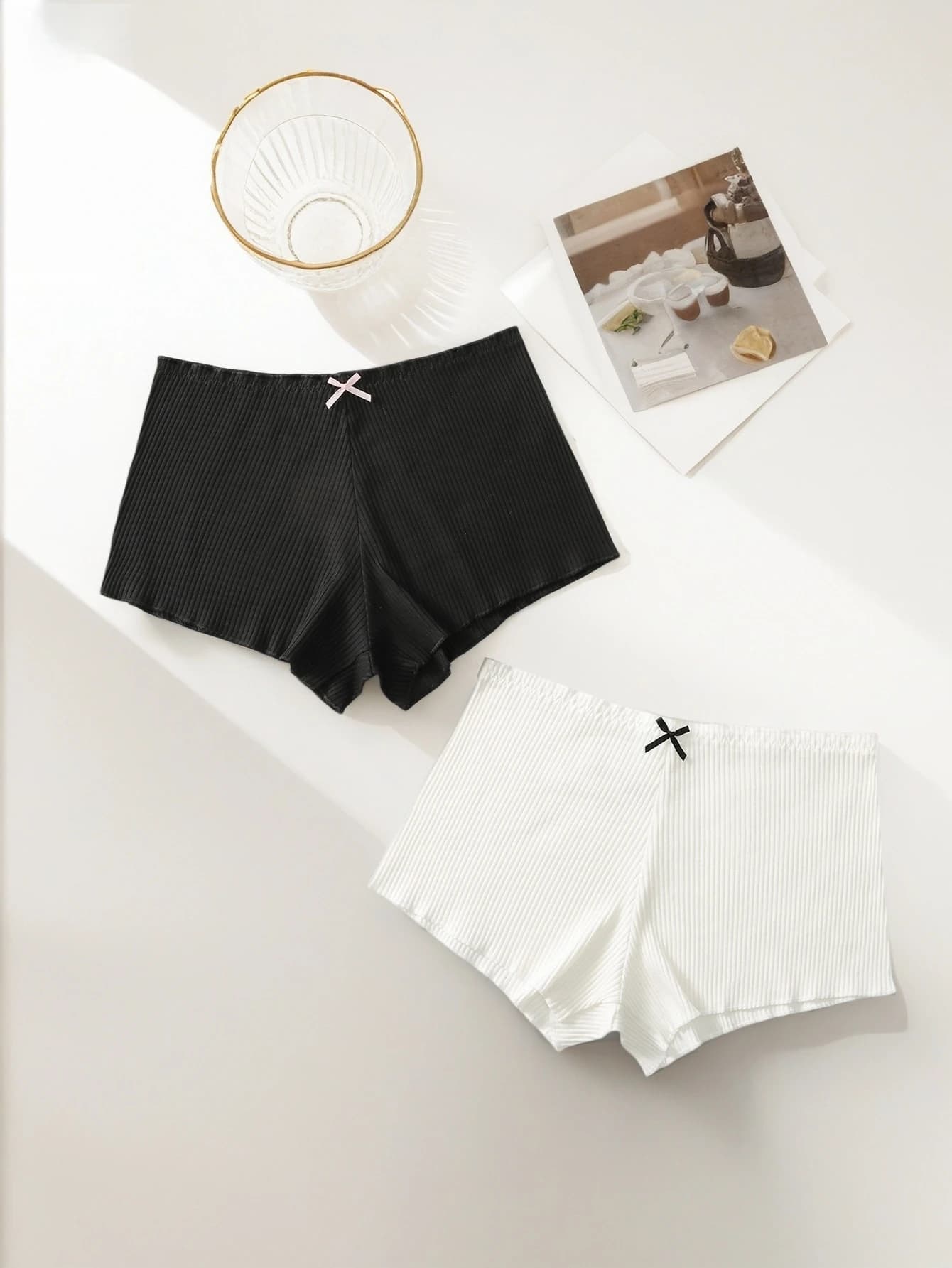 2PCS Women Rib Cotton Boyshort Panties, Tiny Bow Decor Soft Breathable Mid Rise Daily Ladies Underwear Multipack