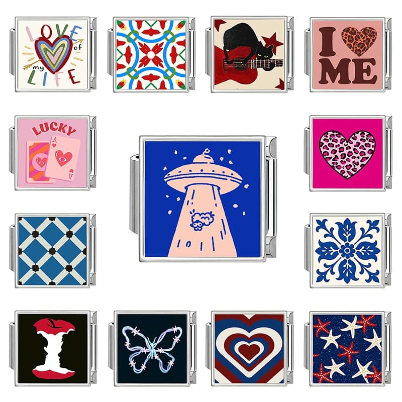 Creative Design Guitar Cat Pink Leopard Heart Butterfly Italian Charms Fit 9mm Stainless Steel Bracelet DIY Making Jewelry Gifts