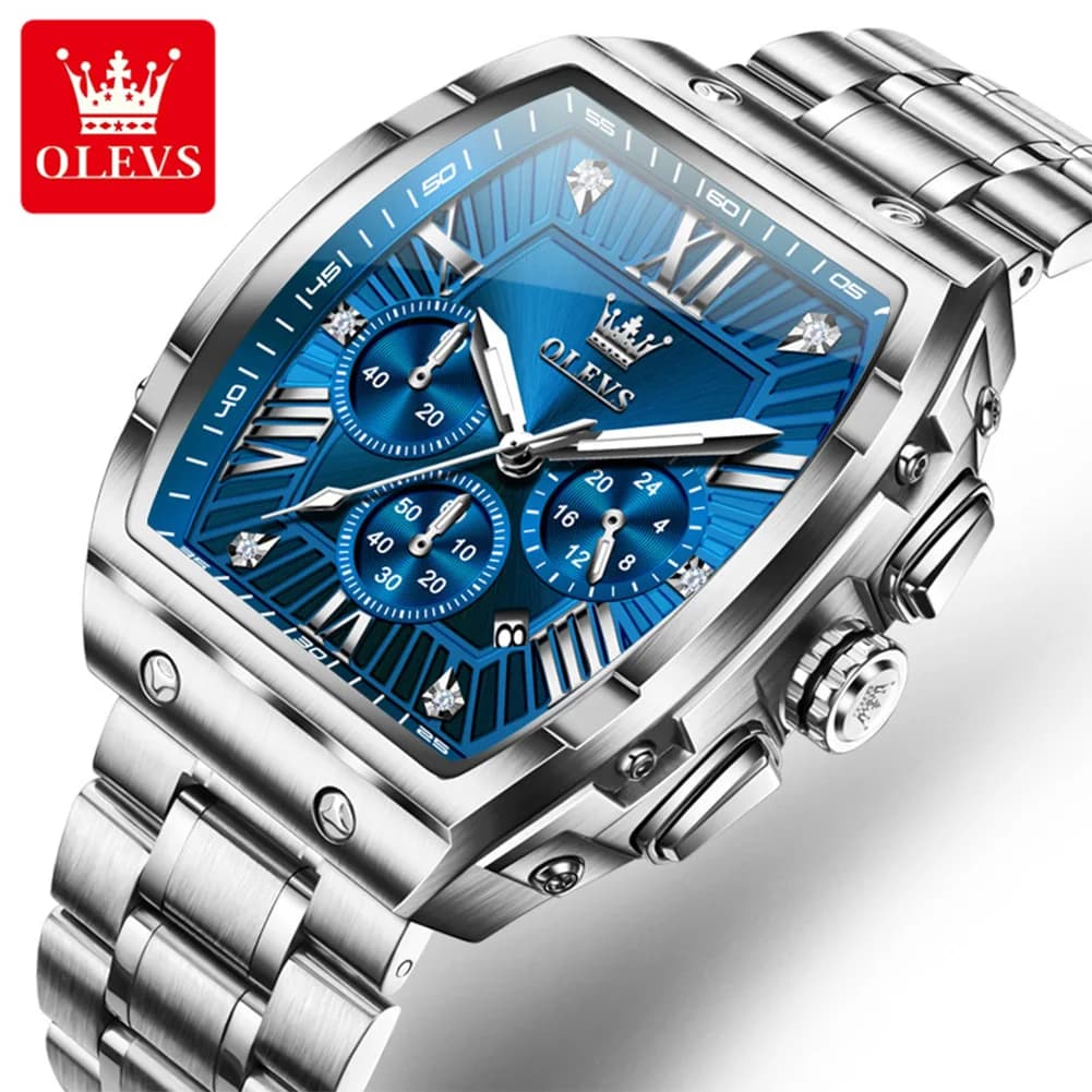 OLEVS New Design Tonneau Men's Watch Luminous Waterproof Date Chronograph Stainless Steel Watches Quartz For Men Relogio Masculino