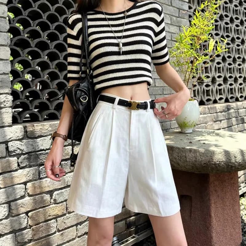 Summer White Bermuda Shorts for Women Folds A Line Old Money Style High Waist Shorts Office Ladies Classic Bottoms [No Belt]