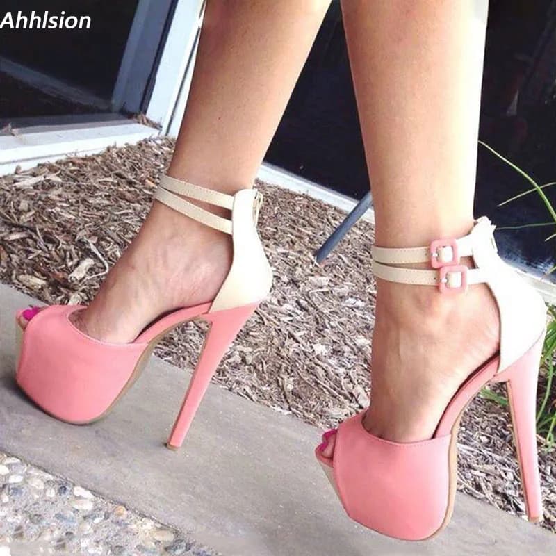 Ahhlsion Handmade Women Platform Sandals Sexy Stiletto Heels Peep Toe Pretty Pink Fuchsia Casual Shoes Ladies US Plus Size 5-20