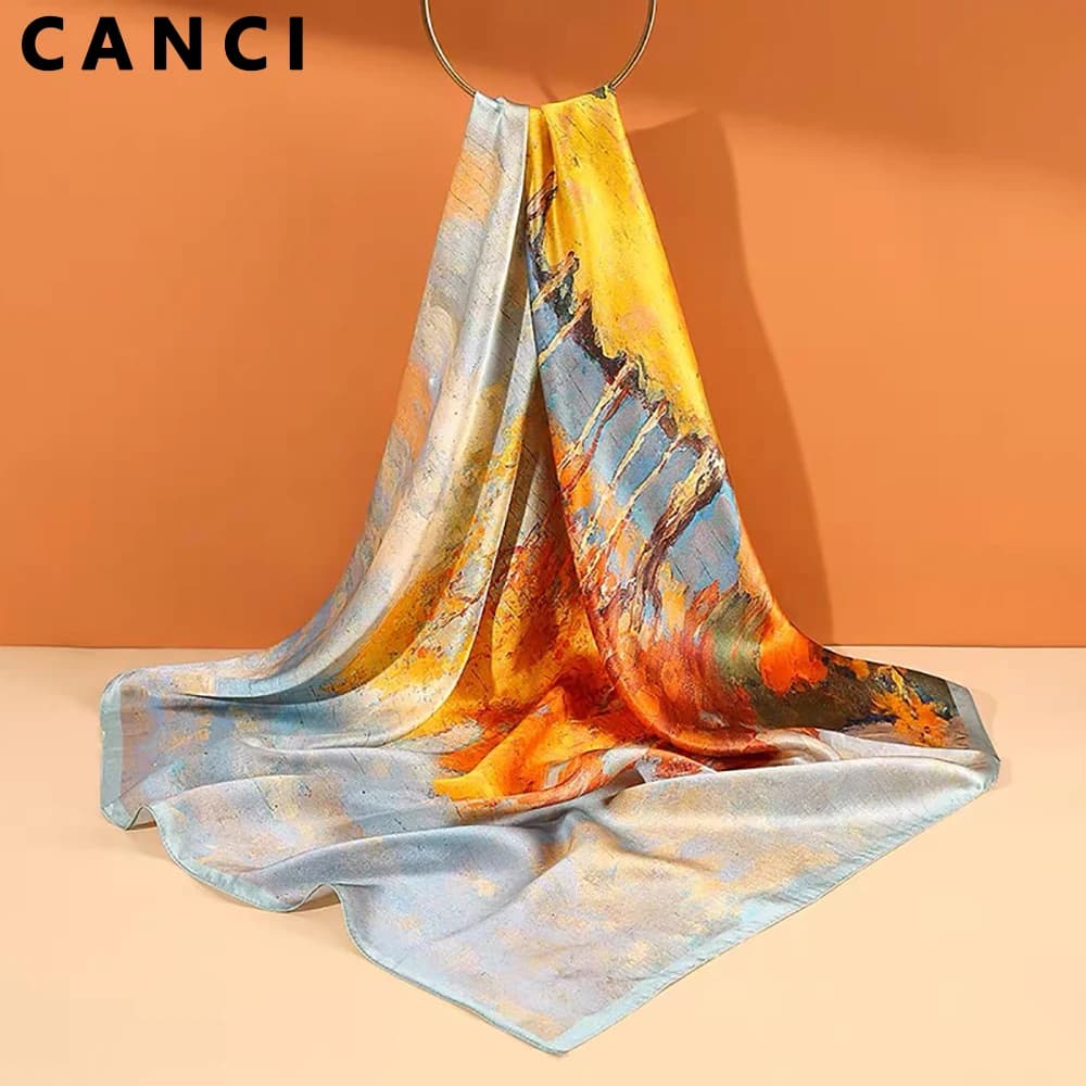 Women's Square Scarf in Pure Silk 100% Jasmine Prints Neck Strap Neck Handkerchief Luxury Women's Furnace Scarves Female Bandana 53CM