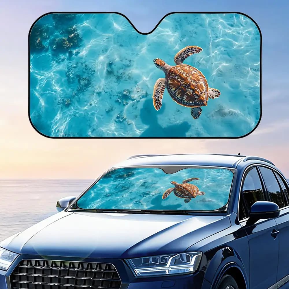 Parasole per auto Seaside Turtle, riutilizzabile, in lamina di alluminio, protezione UV, isolamento termico a tre strati, parabrezza parasole