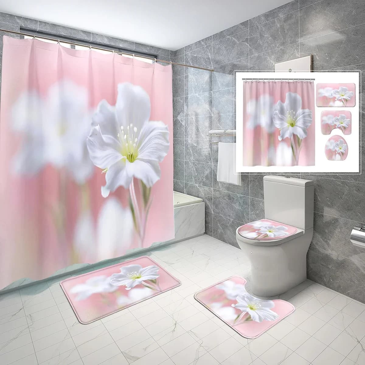 Set di tende da doccia a tema floreale da 4 pezzi Set di tende da doccia impermeabili con fiori botanici primaverili Tappetino da bagno antiscivolo