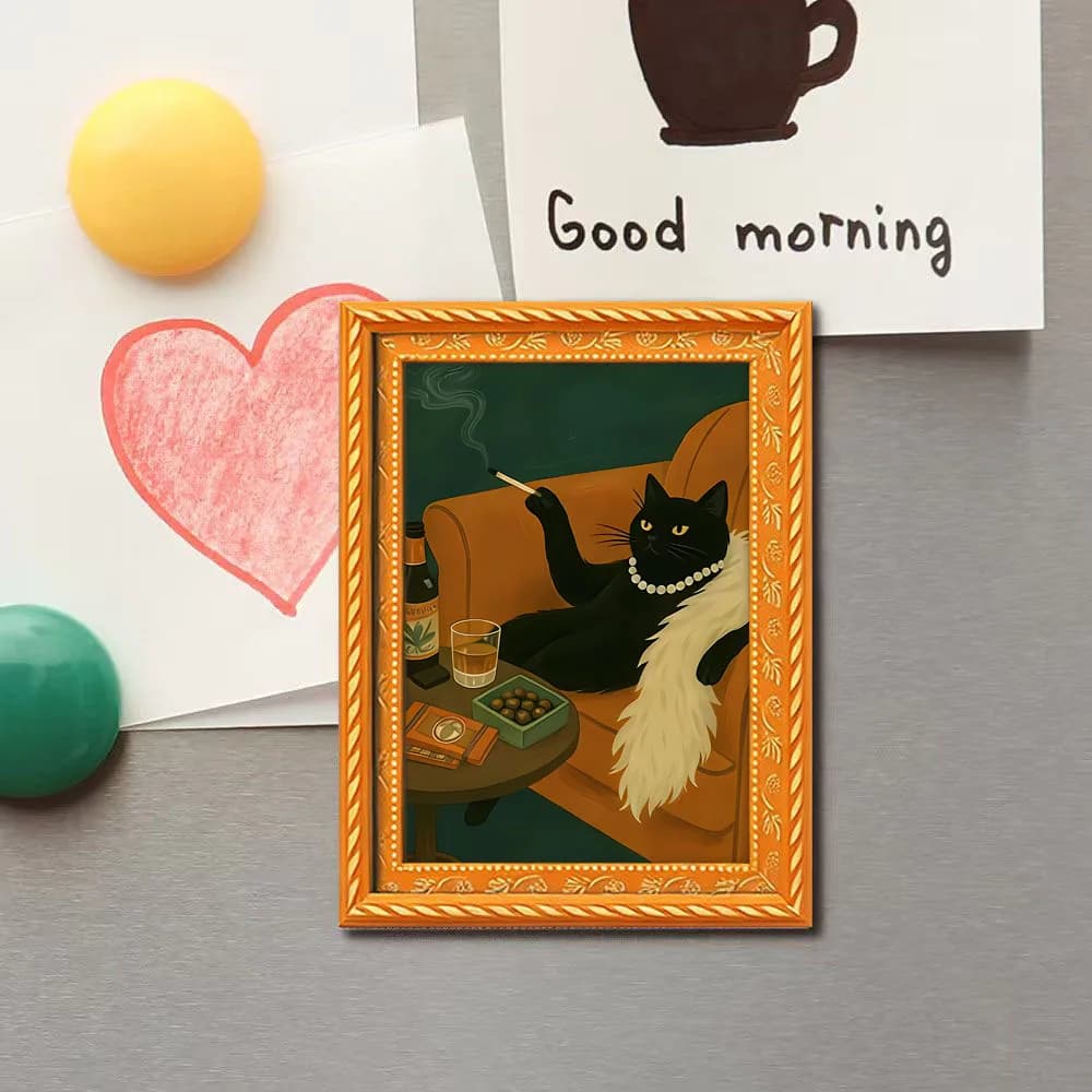 1 piece of a funny refrigerator magnet with a black cat pattern lying on the couch and drinking, mini frame-shaped art work, decorative objects for the house and office, wonderful holiday gift
