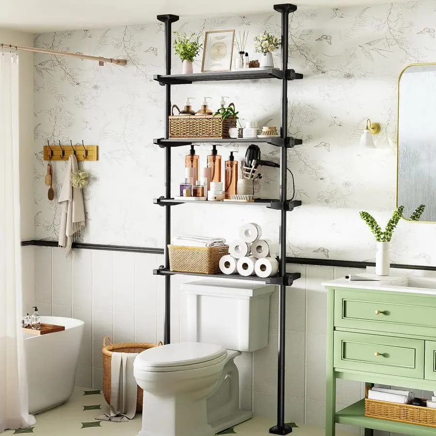 Shelves Save Space Over the WC, Organizer to 4 Levels Adjustable, Tension Mesh Without Drilling, Storage Solution for Cabin Bathroom