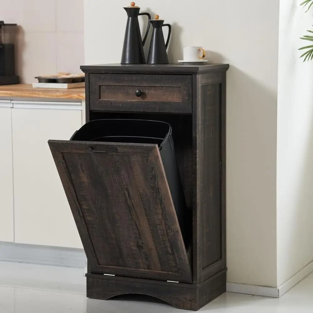 Mobiletto Rustico in Legno Marrone per Cucina con Cestino Nascosto a Prova di Animale Domestico per Rifiuti e Riciclo