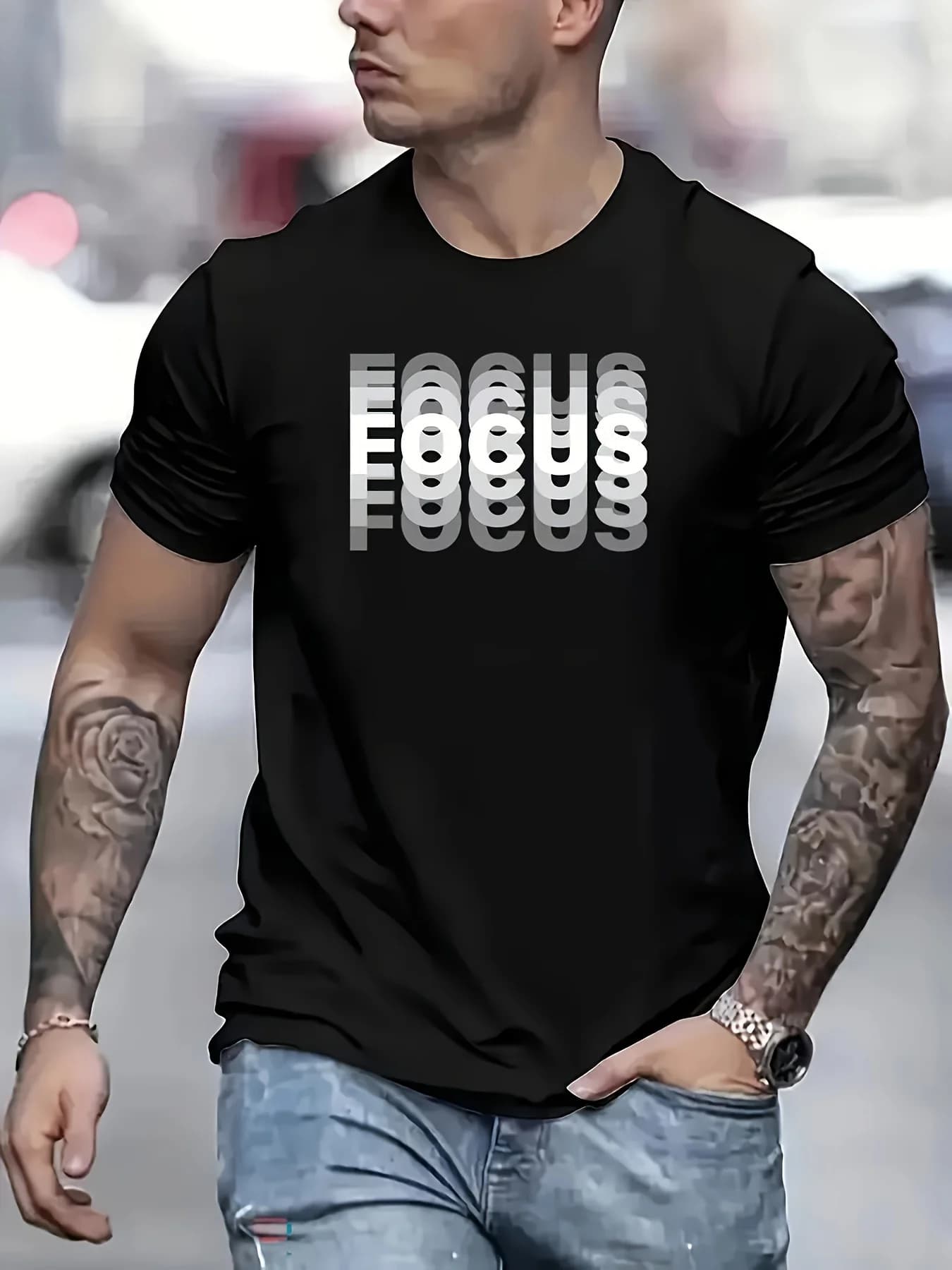 T-shirt da uomo con stampa Focus - Maglietta a maniche corte con scollo rotondo e motivo geometrico, abbigliamento estivo casual traspirante