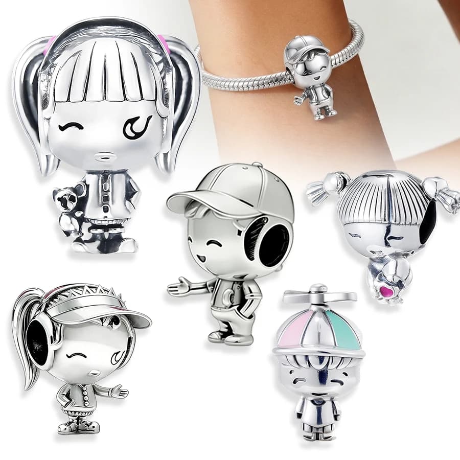 Ciondoli Carini a Forma di Bambino e Bambina per Braccialetti, Perline Placcate in Argento Sterling 925, Ciondolo Bambola Kawaii, Gioielli Fai-da-Te per Donne e Ragazze