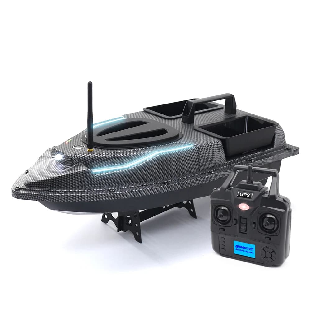 Vendita calda Bait Boat 40 Punti di ancoraggio GPS Doppi tramogge 500M Ritorno automatico Barca da pesca alla carpa con luce dello sterzo