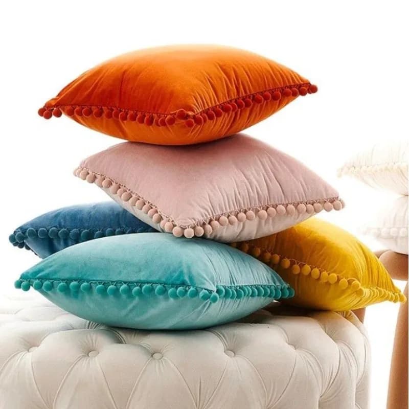 Decorative cushions 30x50cm 45x45cm 50x50cm with pompon, soft textured velvet particle, solid color, gift, luxurious and welcoming, for home decor