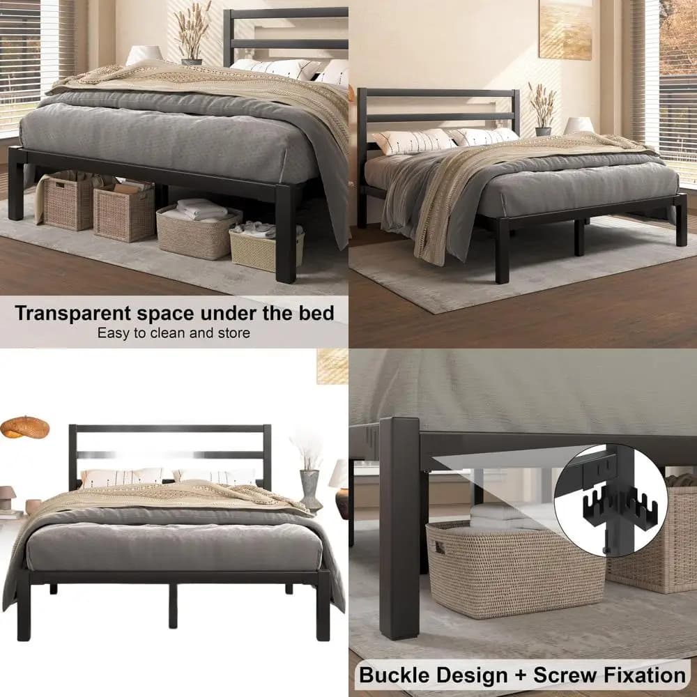 Elegant bed frame with metal platform and container under the bed, easy to mount, does not require slats net, black