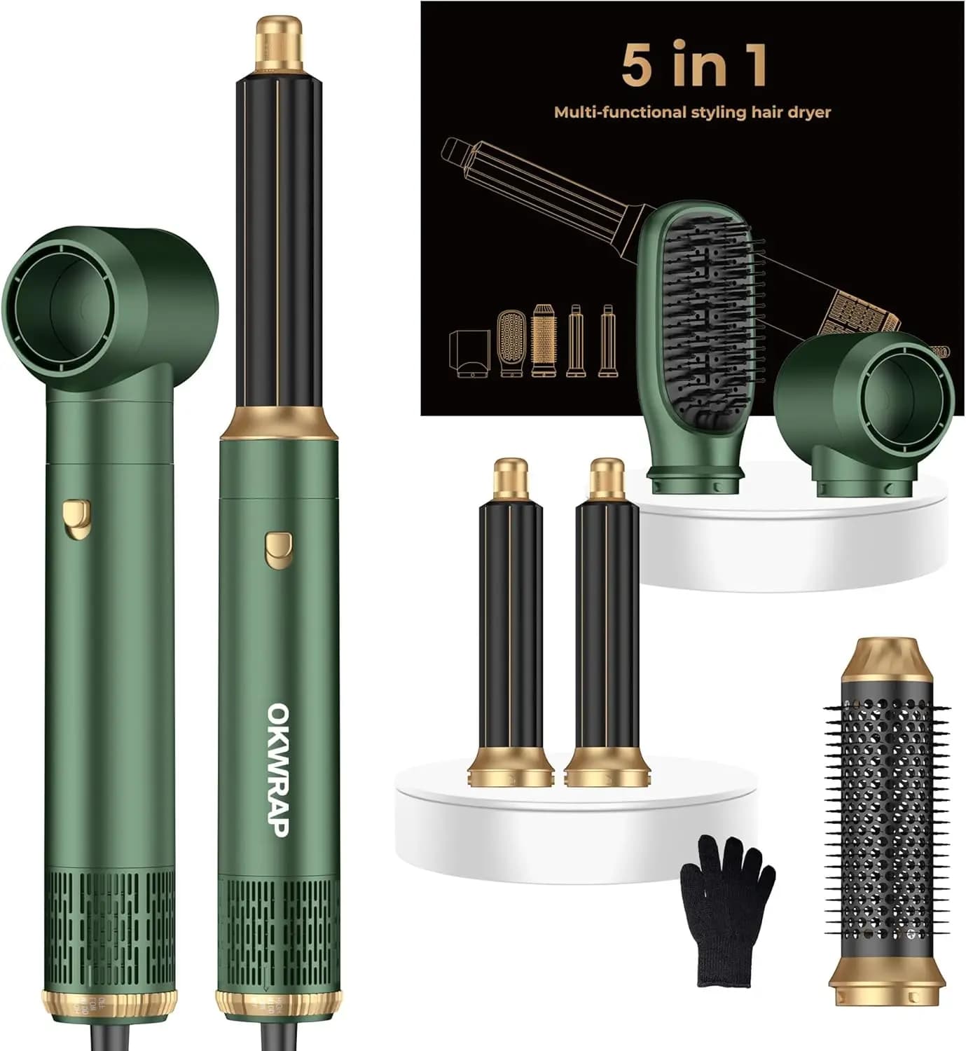 Set Spazzola Asciugacapelli 5-in-1, Asciugacapelli Ionico e Arricciacapelli, Arricciacapelli Automatici per Stili Voluminosi, Solo 100-120V