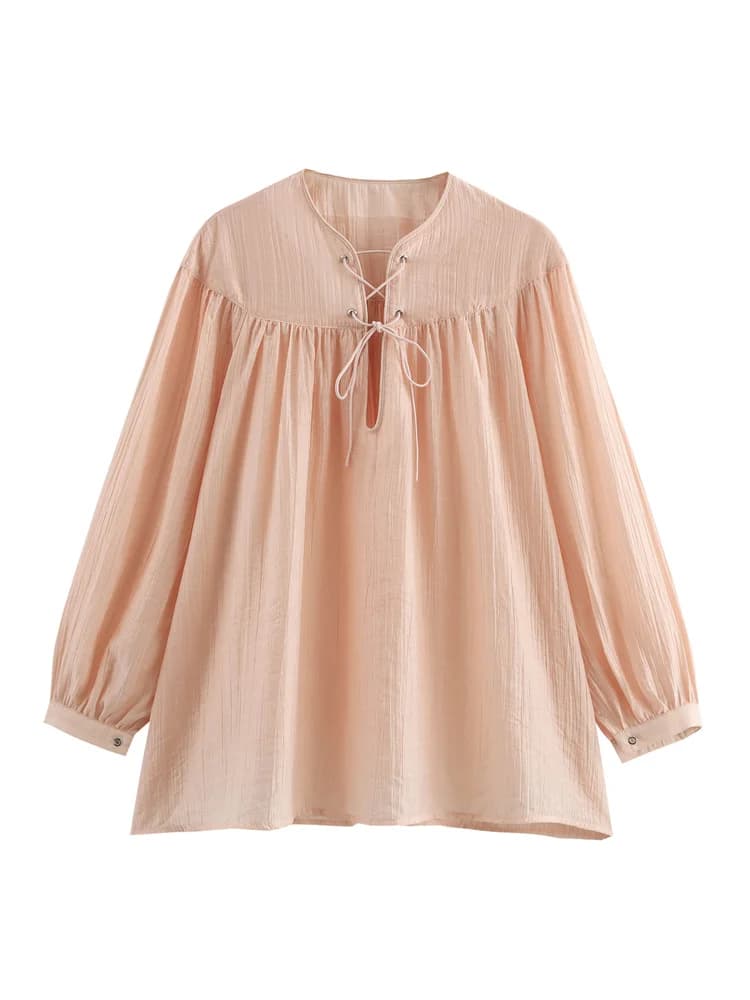 2025 Zevity Donna High Street Eyeslash Fasciatura Tinta unita Camicetta grembiule allentata Camicia a maniche lunghe femminile Blusas Chic Top LS7362