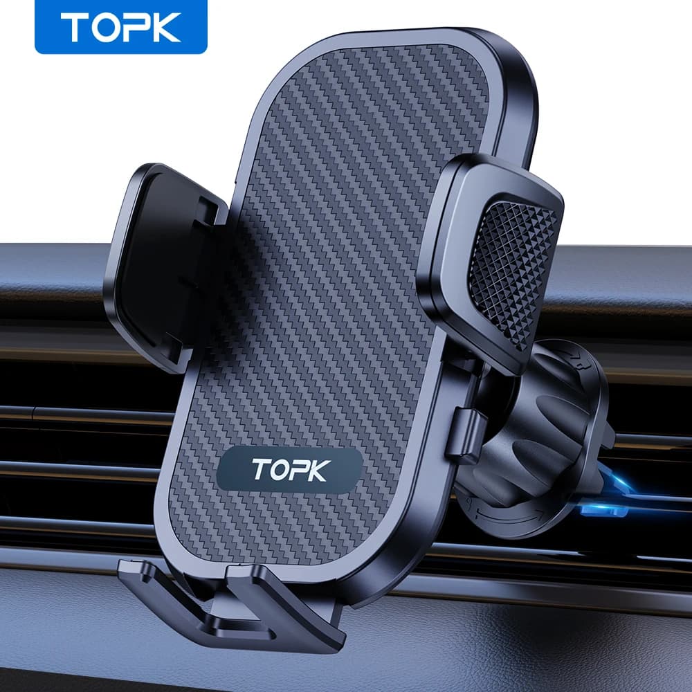TOPK phone support with improved hook clip, universal support for air outlet, super stable, suitable for iPhone smartphones and trucks
