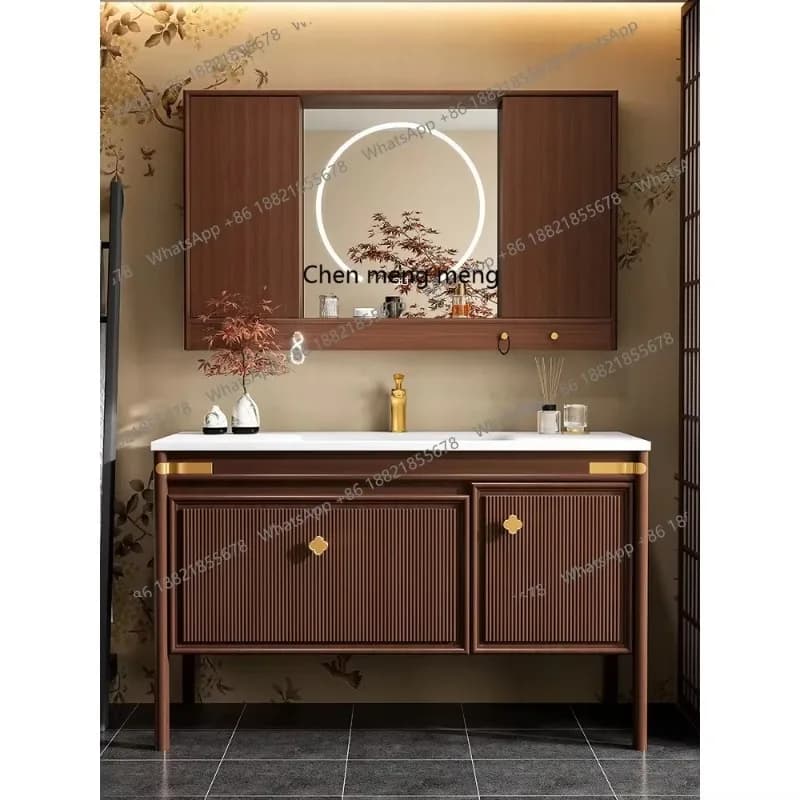 Mobile bagno E182 con lavabo integrato in ceramica, estetica Song, nuovo stile cinese, in legno di gomma, con specchio pieghevole Feng Shui.