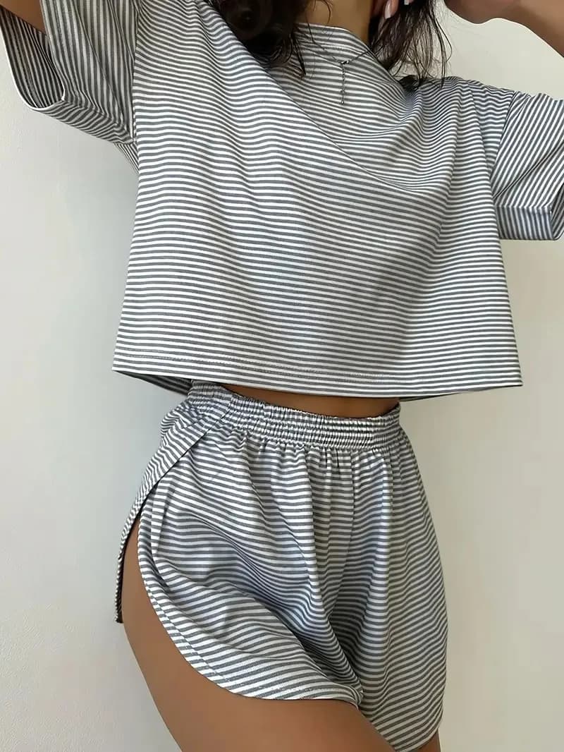 Casual Summer Shorts Women Striped Cozy Lounge Shorts Elastic Waist Cotton Blend Shorts Short Sleeve Soft Two-Piece Set