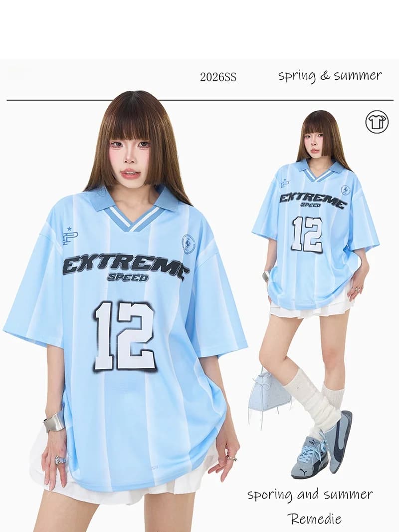Remedie 12 Jersey Short Sleeve T-Shirt Breathable V-Neck Sport Football Uniform Casual Loose Fit Polyester Fiber