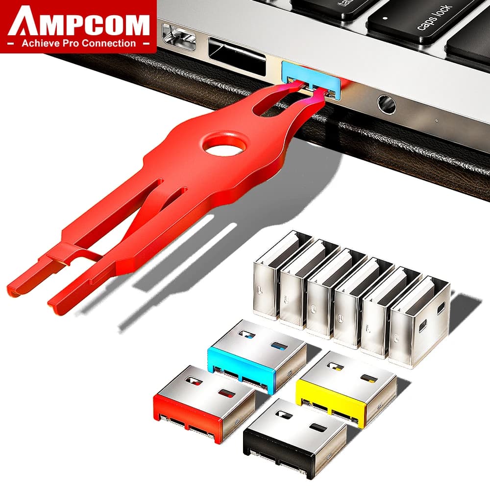 AMPCOM Lock USB security insert, detachable USB dust cap in carbon steel, plug lock USB port for computer and laptop