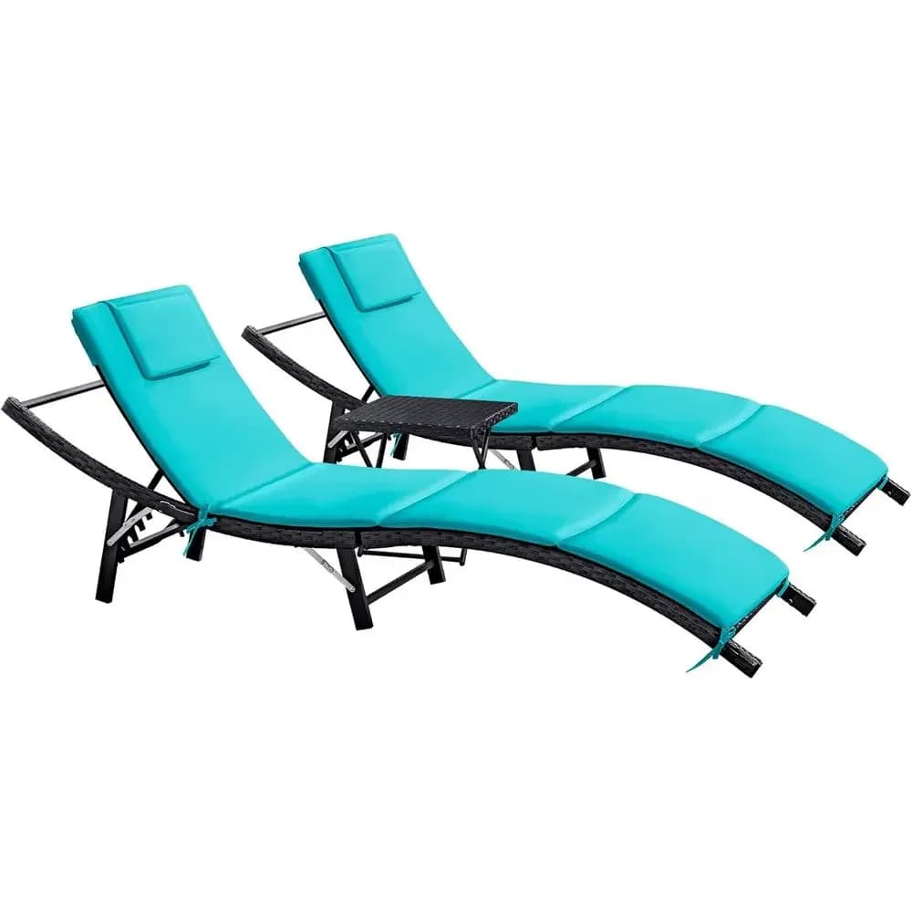 Set di 3 Sedie a Sdraio da Esterno Regolabili con Tavolino Pieghevole e Cuscino per Giardino, Piscina, Spiaggia (Blu)