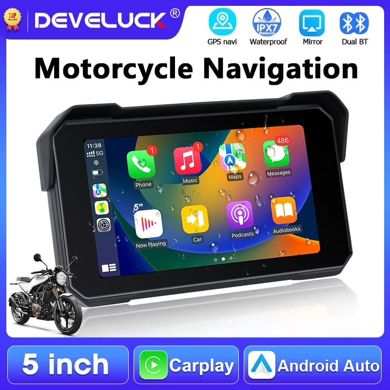 Navigatore GPS Portatile da 5 Pollici per Moto con Carplay Wireless, Android Auto, Monitor per Cruscotto Moto, Display Impermeabile IPX7