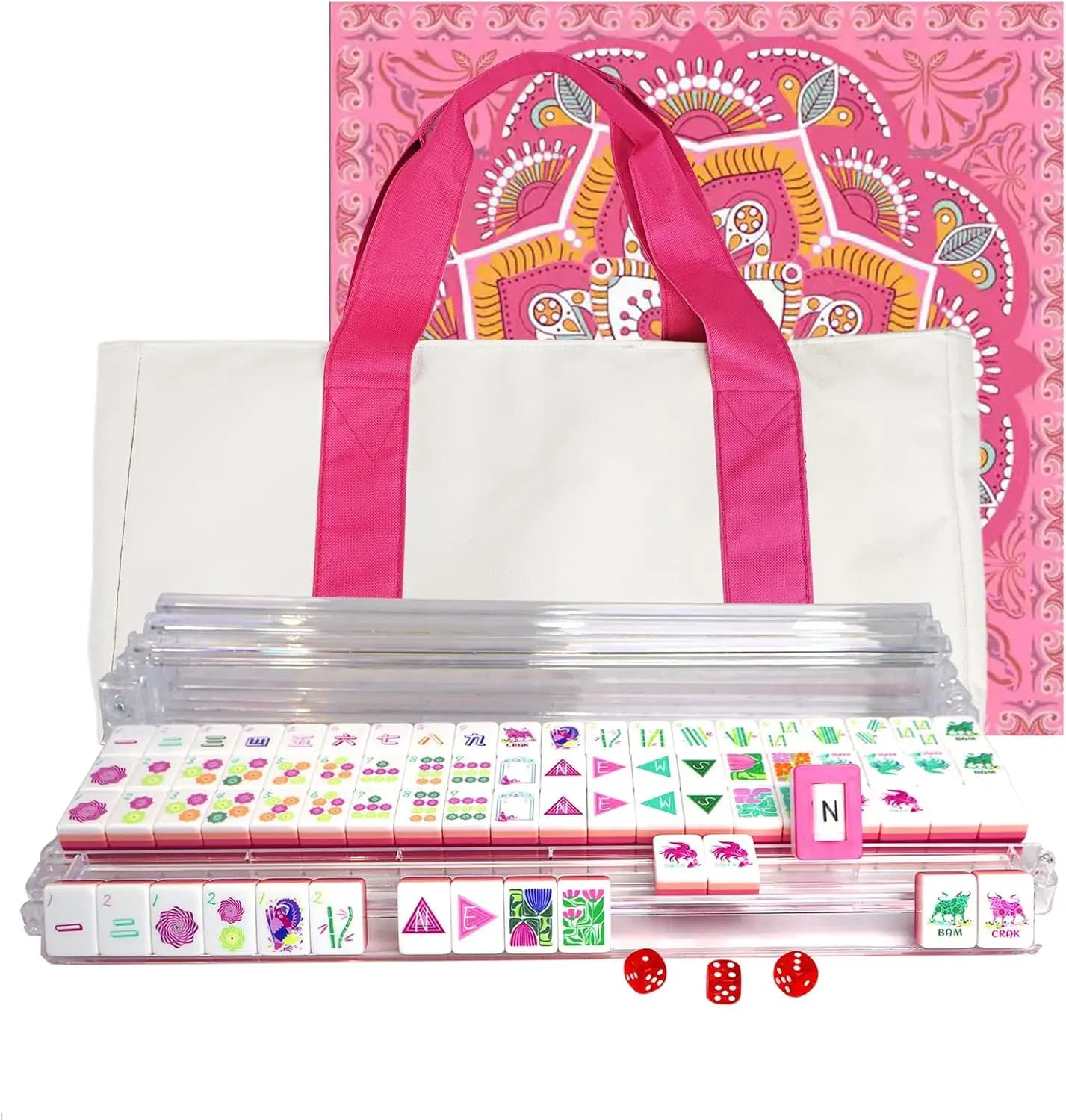 Set Mahjong Americano da 160 Tessere con Borsa per il Trasporto, Tessere in Acrilico, Rosso Rosa