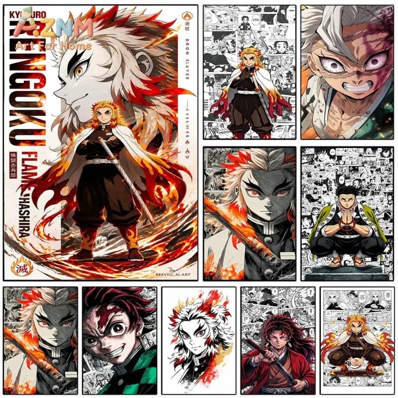 Demon Slayer Anime Canvas Wall Art Kyojuro Rengoku Flame Hashira Gyomei Yoriichi Poster Unframed Canvas Painting Manga Collage