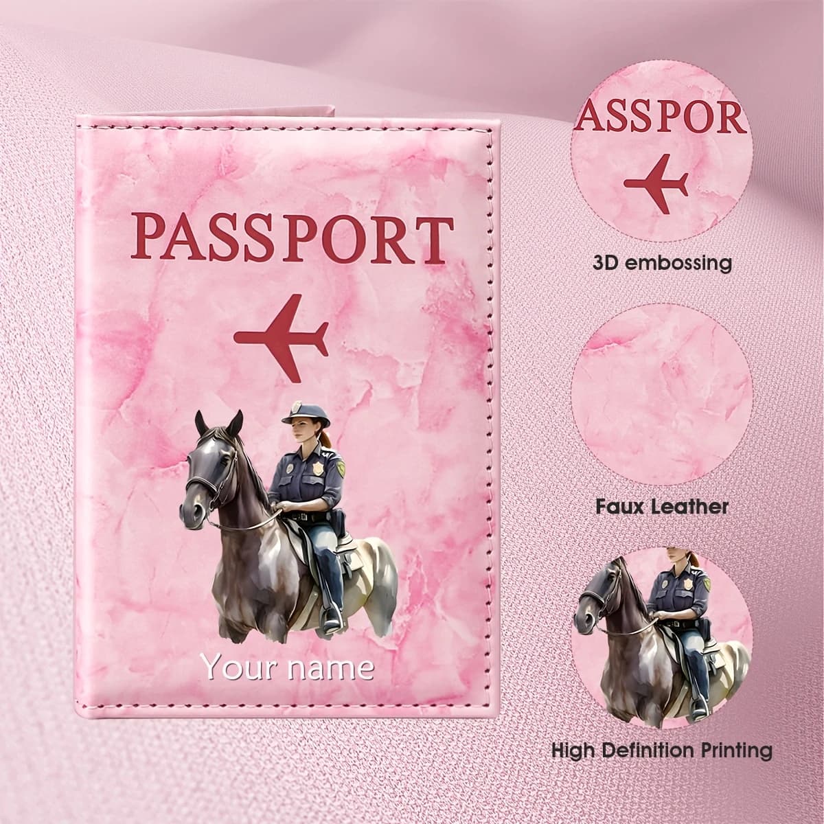 Custom Name Riding Officer Vintage Style PU Passport Holder, Featuring Classic Image of British Mounted Police And a Fine Horse