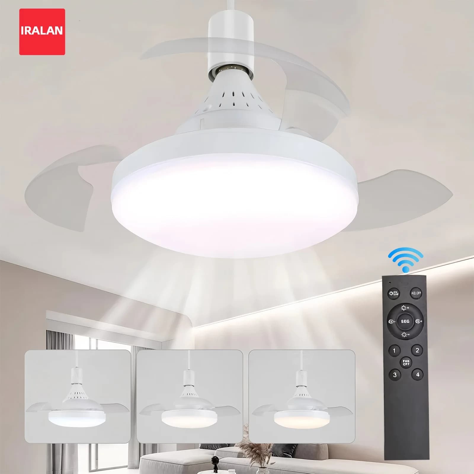 Ventilatore da soffitto E27 con luce, pale retrattili, ventilatore elettrico intelligente, facile da installare, lampada da soffitto rinfrescante per casa, camera da letto, studio.