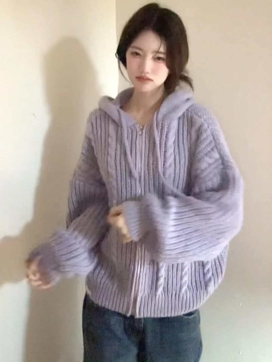 Felpa con Cappuccio da Donna Unica, Lavorata a Maglia, Viola, Stile Rilassato, Morbida, Primaverile, alla Moda, a Maniche Lunghe, con Cerniera, Casual e Versatile