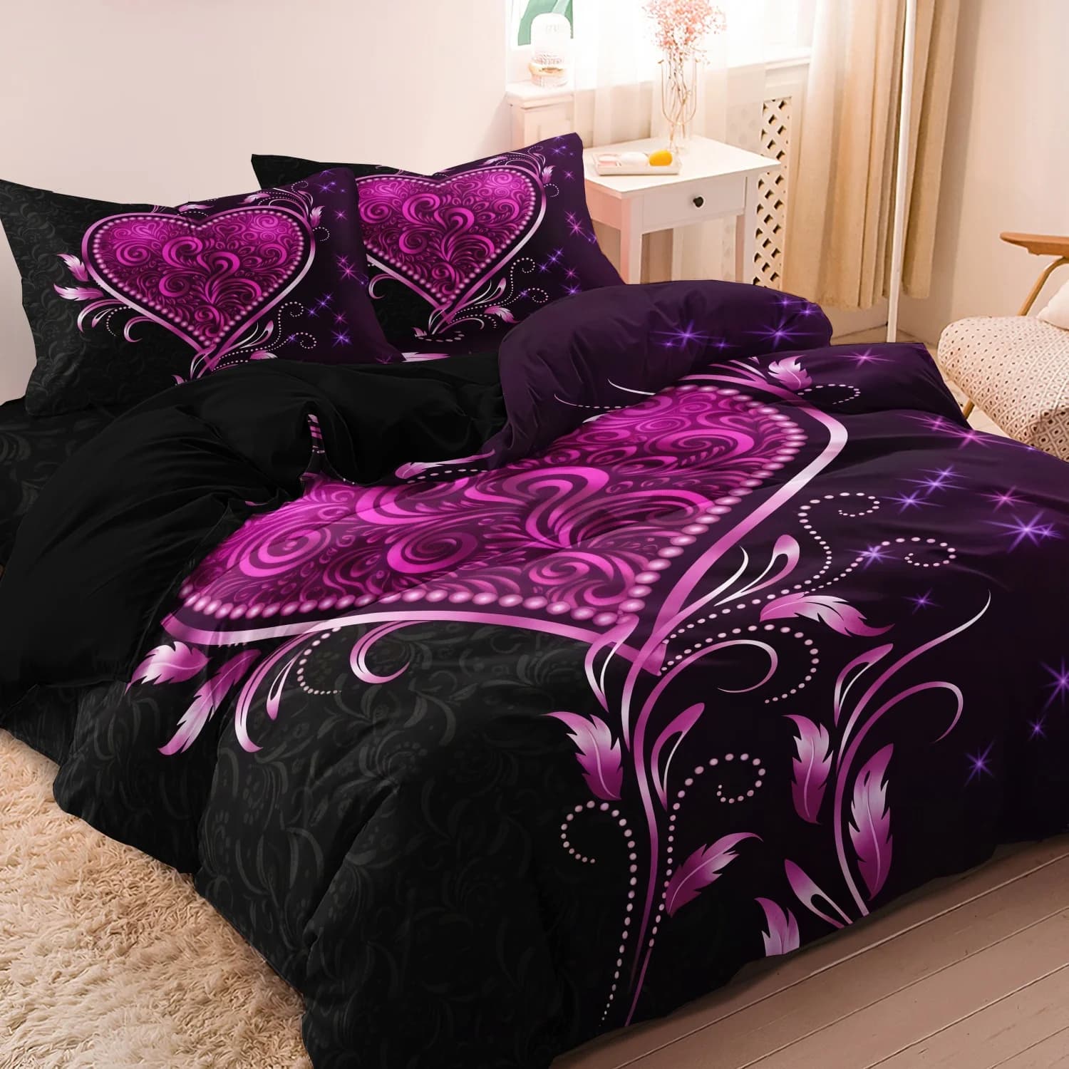 Set pink floral duvet with heart romantic purple Valentine's Day 3 pcs Print HD for home and bedroom, Valentine's Day gifts