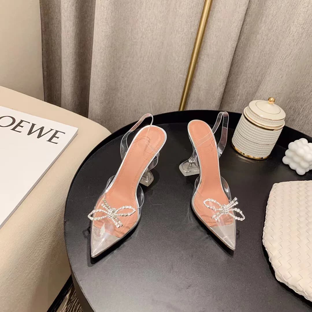 2025 Summer Transparent Crystal Slippers Pointed Toe PVC Thin Heel Rhinestone Bow Backless Sandals