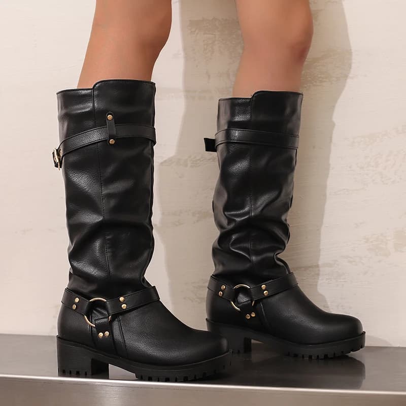 Plus Size Triangular Round Buckle Rivet Western Boots Round Toe Thick Heel Tube Belt Buckle Slip on Retro Knight Boots