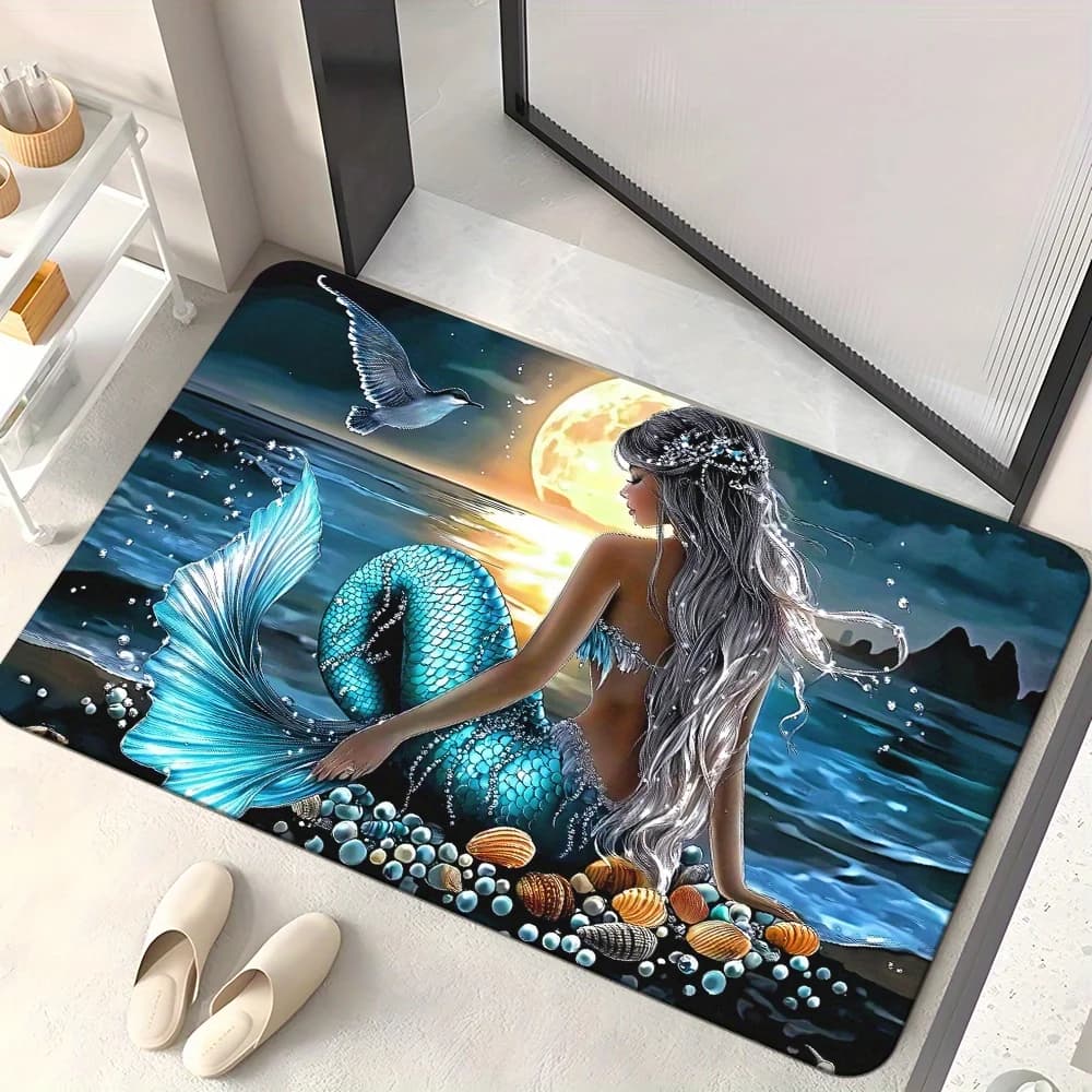 Tappetino Fantasy Sirena 1 pezzo – Scena di luna al tramonto sull'oceano blu con conchiglie, tappeto artistico magico per ingresso e camera da letto