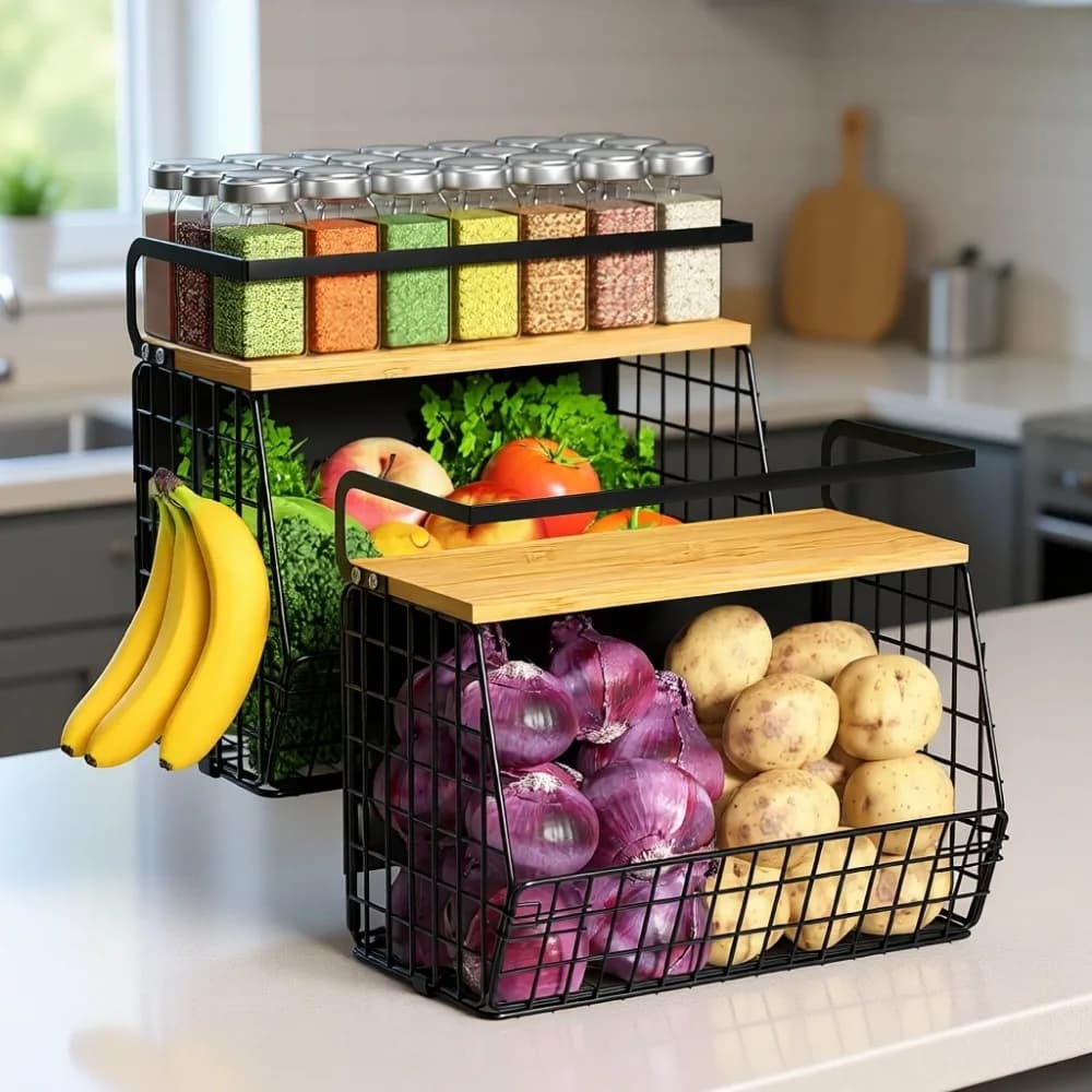 Set di Ripiani Magnetici con Coperchio in Legno per Frigorifero, Dispensa, Cipolle, Patate, Frutta, Spezie, Organizzatore per Cucina e Armadietto