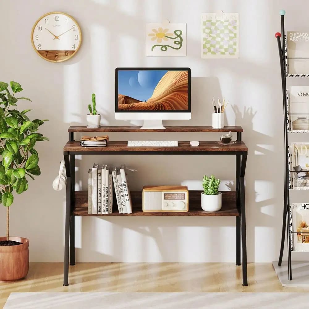 Home Office Desk With Monitor Stand, Open Shelf Metal Frame, Earphone Hook White Brown Black Pink