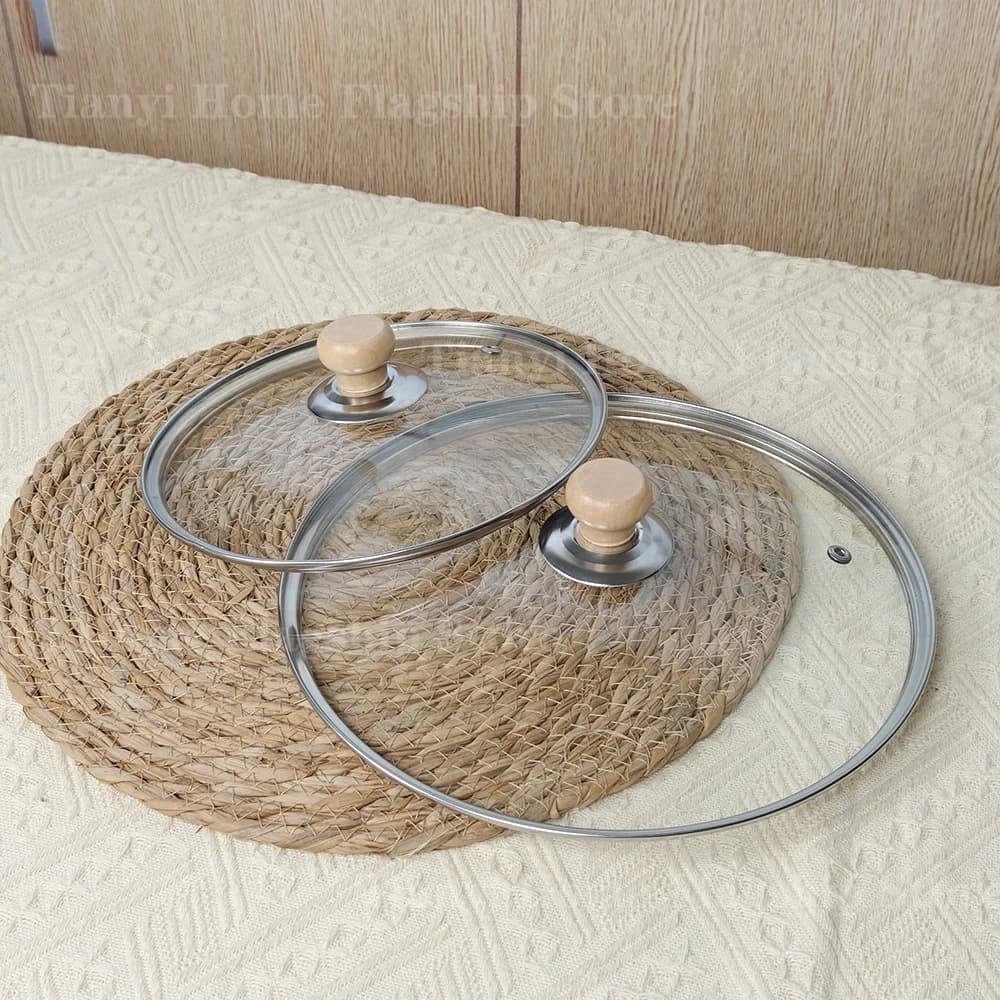 Coperchio per pentola in vetro temperato Manico in legno Coperchio per padella con bordo Coperchio in vetro rotondo infrangibile per padella da cucina domestica versatile