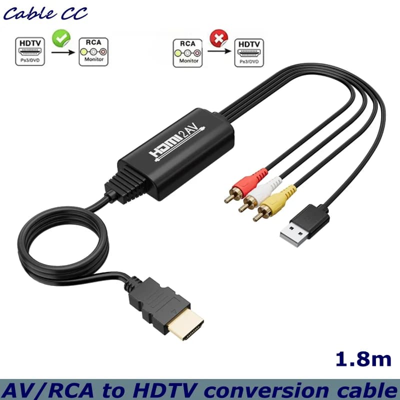 HDMI to 3RCA compatible 1.8m converter cable, with USB power adapter audio and video AV CVBS composite 1080P