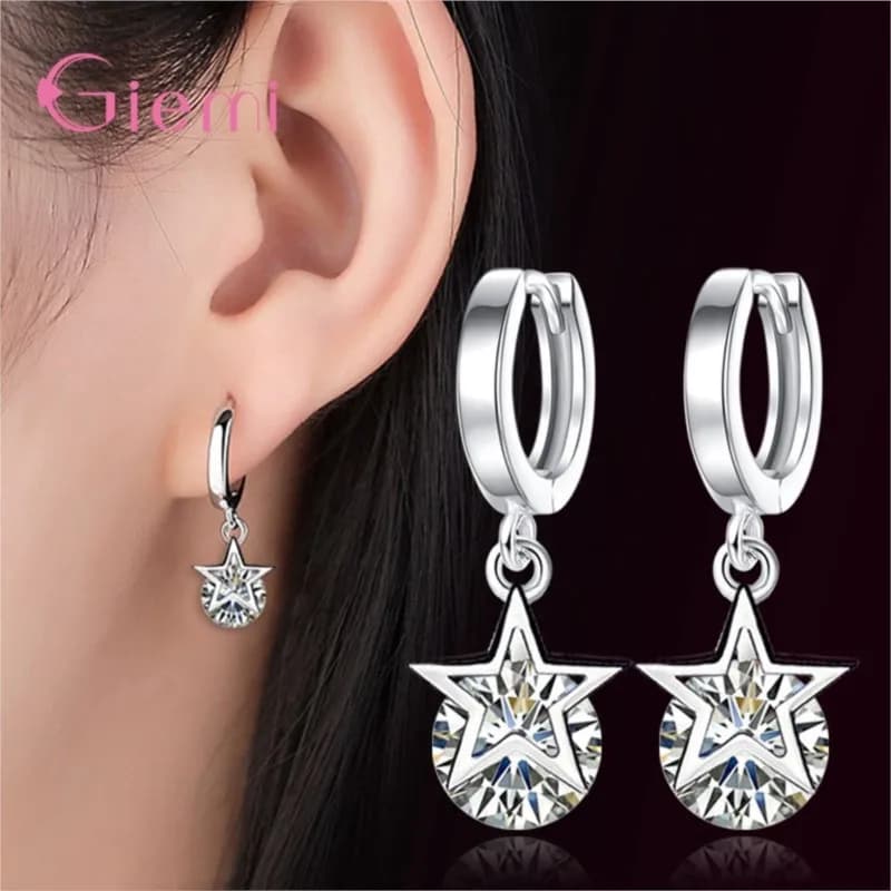 Orecchini Pendenti a Stella Traforata in Argento Sterling 925 con Cristalli Cubici Rotondi, Eleganti e di Lusso, per Donne e Ragazze, Ideali come Regalo per Feste