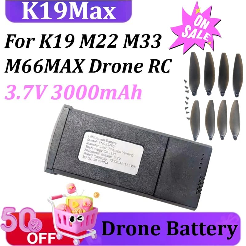 Batteria per drone K19Max 3,7 V 3000 mAh per K19 M22 M33 M66MAX Drone RC Quadcopter Batteria per elicottero Volante per 20 minuti